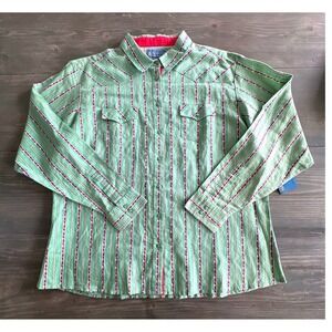 Wrangler Blues Western Shirt – Men's XXL Green w/ Floral Stripe NWT Ramie Cotton
